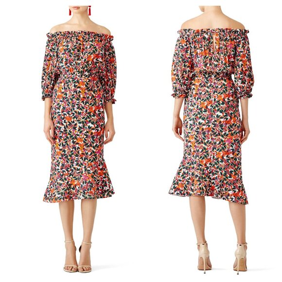 SALONI Floral Grace Silk Tea-Length Off the Shoulder Midi Dress 12 Multi Print - Picture 1 of 16